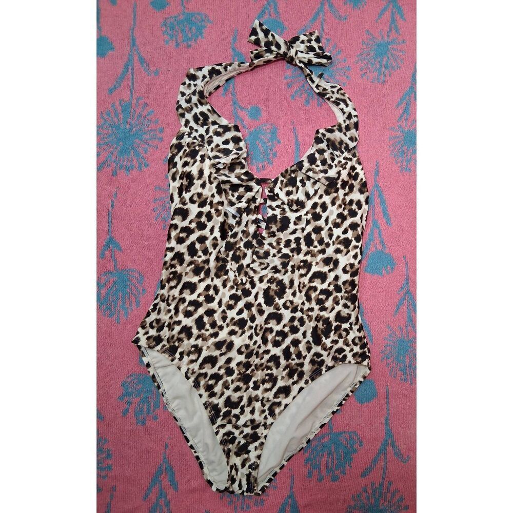 Bleu rod Beattie womens size 12 one piece swimsuit leopard brown plunge neck xl